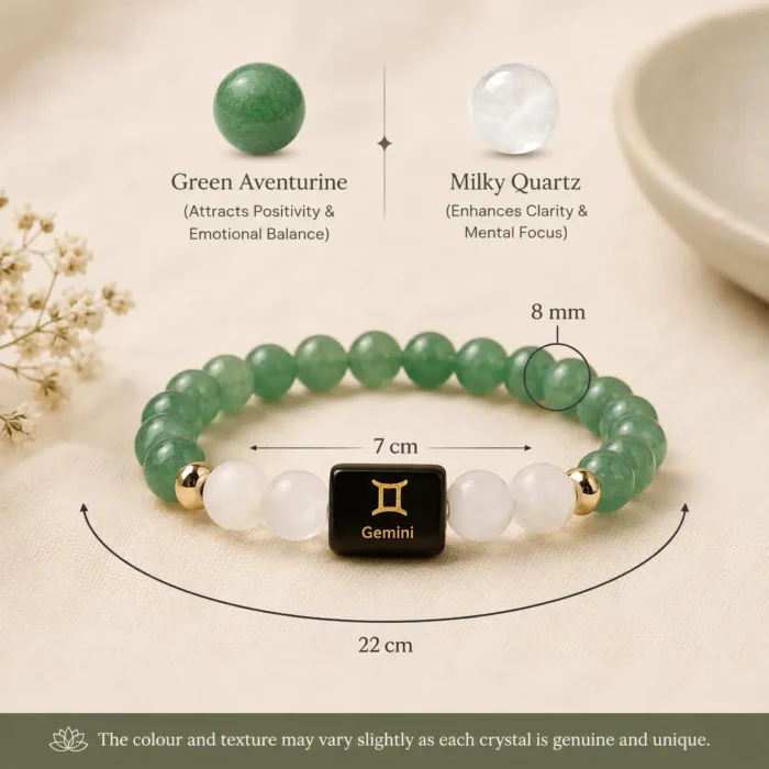 Gemini (मिथुन राशि) Zodiac Green Aventurine & Milky Quartz Bracelet4
