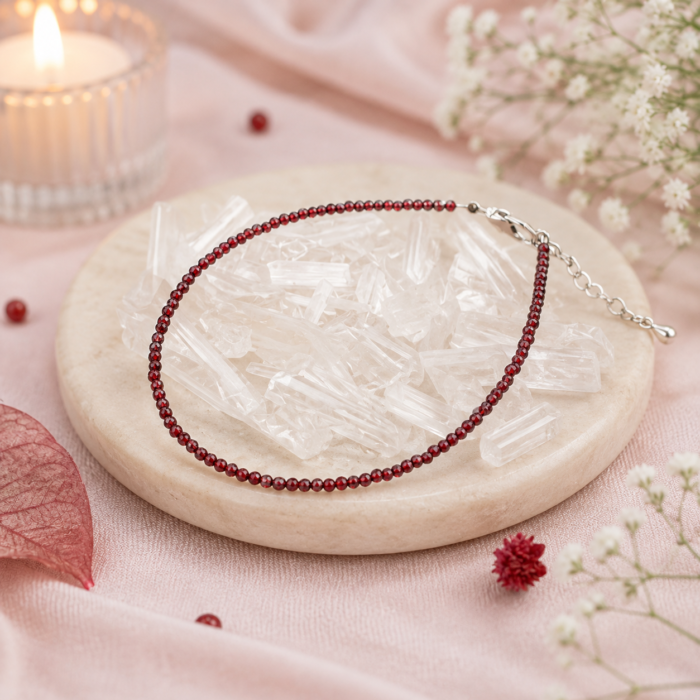 Garnet Anklet with Free Raw Selenite Plate
